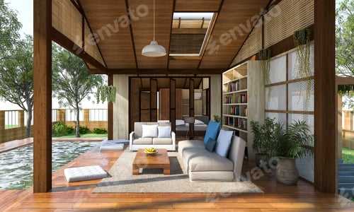 Preview: 3D rendering contemporary wood living zone with terrace