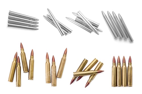 Preview: Set of many bullets on white background, top view