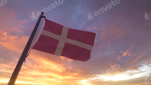Preview: Denmark Flag on Flagpole by Evening Sunset Sky