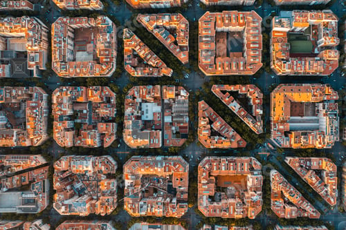 Preview: Aerial view of typical buildings of Barcelona cityscape. Eixample residential famous urban grid