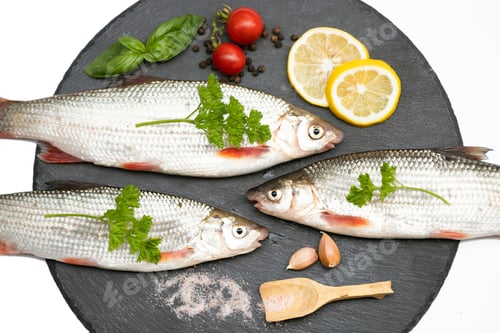 Preview: Fish with aromatic herbs, spices and vegetables - healthy food, diet or cooking concept