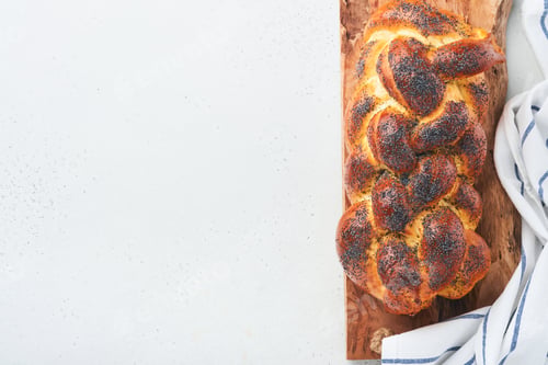 Preview: Challah bread. Sabbath kiddush ceremony composition. Freshly traditional baked homemade braided chal