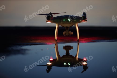 Preview: Drone flies and reflects over water