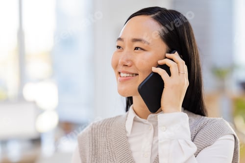 Preview: Phone call, communication and asian woman in office startup networking, planning and online news. H