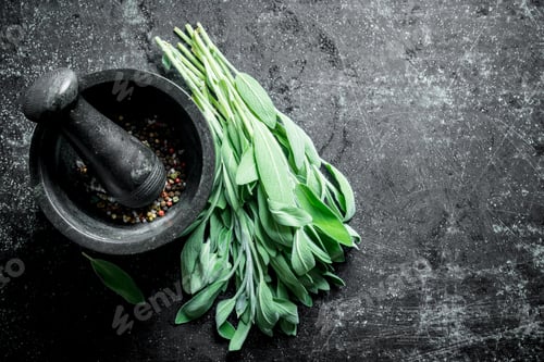 Preview: Fresh salvia with spices in a mortar.