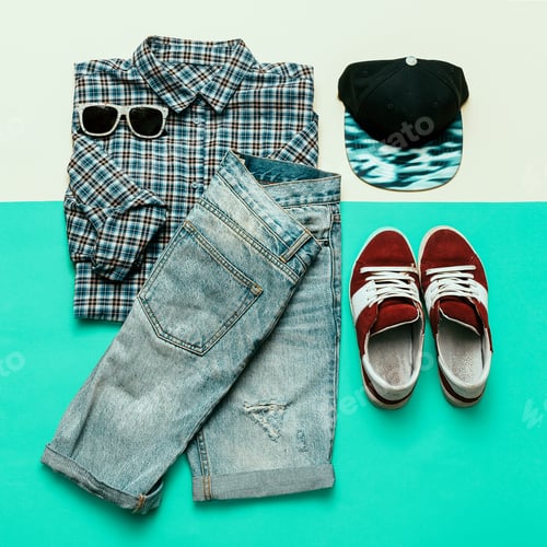 Preview: Urban clothing set. Plaid shirt, jeans, sneakers Skateboard styl
