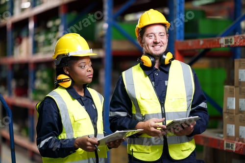 Preview: Warehouse Industrial supply chain and Logistics Companies inside. Warehouse workers checking the inv