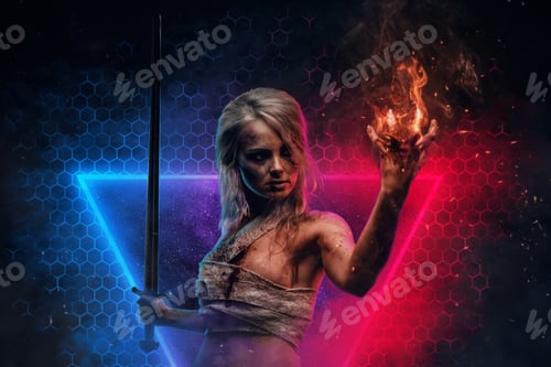 Preview: Grimy mystic sorcerer with burning hand in abstract background