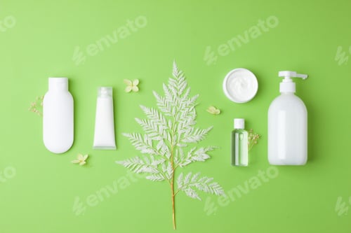 Preview: Cosmetic composition with cosmetic skin care products and flowers on green background.