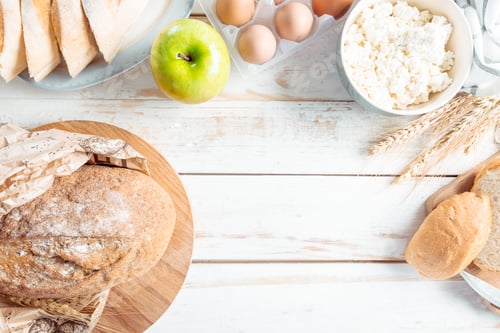 Preview: still life with dairy products, milk, eggs, bread