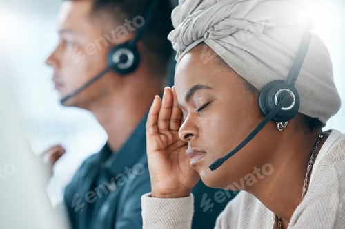 Preview: Headset, call center and black woman with headache, stress and anxious being overworked in office.