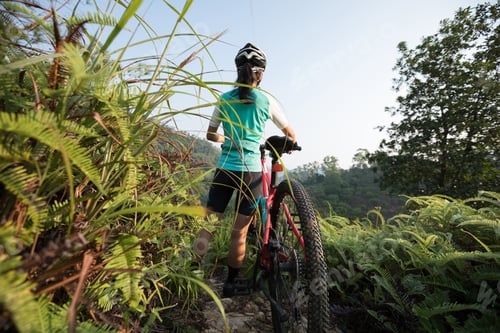 Preview: Woman mountain biker looking at the view on sunrise mountain top