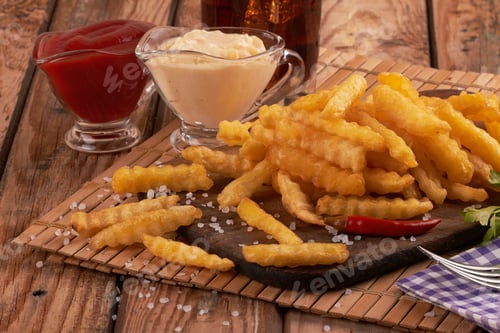 Preview: french fries on wooden table
