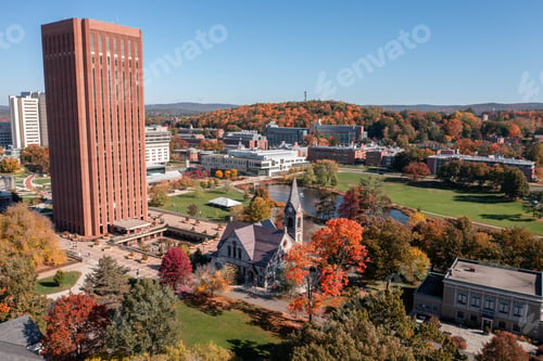 Preview: Aerial shot of the University of Massachusetts Amherst campus on a sunny autumn day