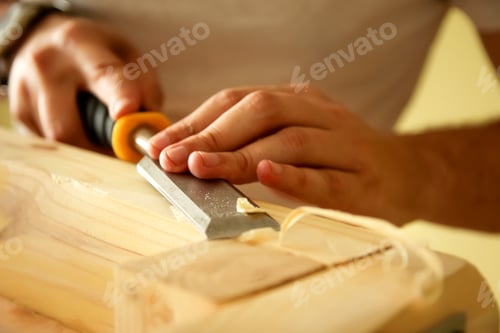 Preview: A close-up of a carpenter hands skillfully using a chisel on a wooden board. The focus is on the det
