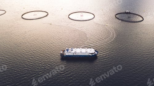 Preview: Aerial view of round mesh for growing fish in arctic water