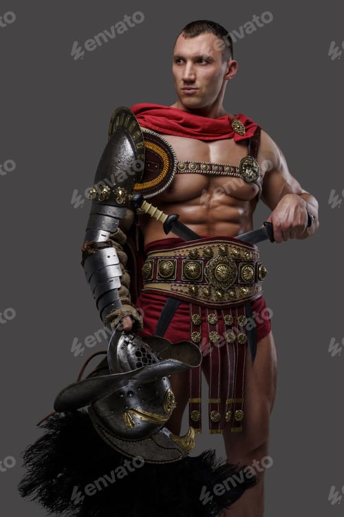 Preview: Legendary roman gladiator with red cloak and plumed helmet