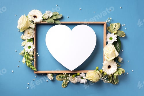 Preview: Frame of white flowers, paper heart over blue background. Valentines day, Woman day concept. Spring