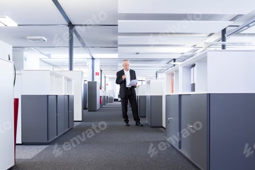 Preview: Businessman in open space office reading document
