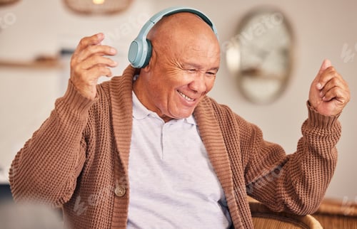 Preview: Music, headphones or happy old man listening to radio playlist to relax in house to enjoy retiremen
