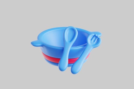 Preview: Blue bowl with utensils and red rim