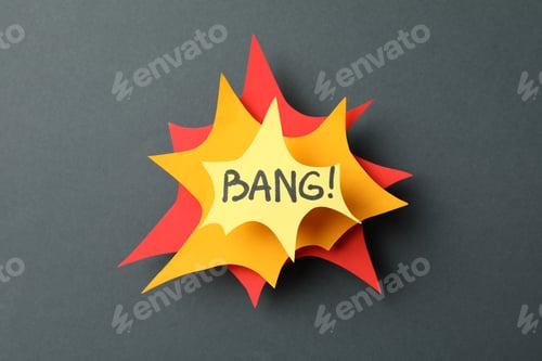Preview: Decorative text Bang on black background. Explosion, shot