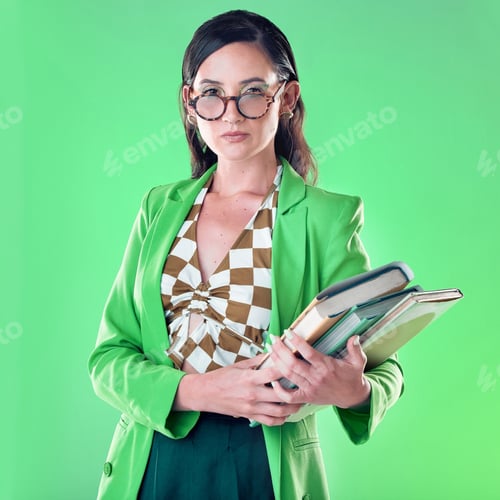 Preview: Fashion, books and portrait of a woman in studio with glasses for teaching or education. Stylish, s