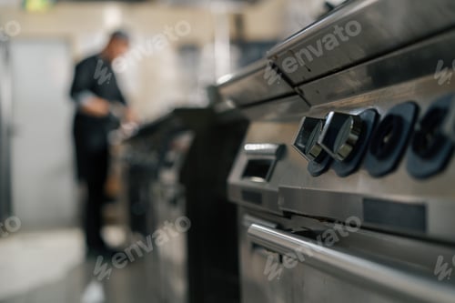 Preview: professional kitchen in the restaurant of the hotel chef prepares meals cooking