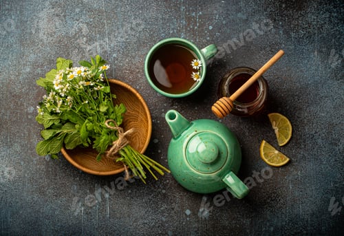 Preview: Herbal tea with natural healing medical herbs, tea cup, tea pot top view