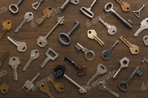 Preview: Many different keys on wood