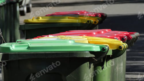 Preview: plastic garbage bins in a row out on the street ready for collection