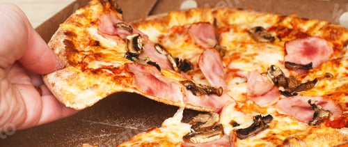 Preview: woman's hands hold pizza in cardboard box