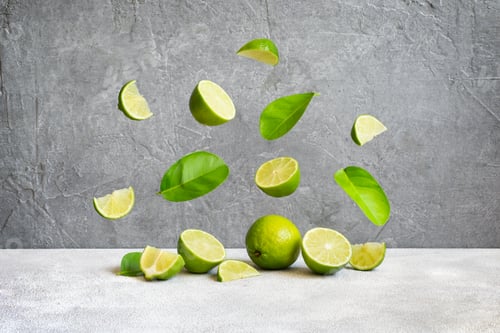Preview: Limes and flying slices and leaves, copy space