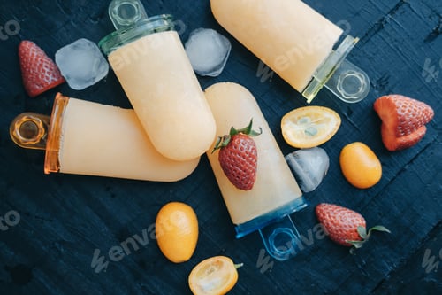 Preview: Homemade fruit ice cream with strawberries and kumquat on a black board.