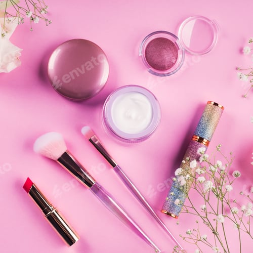Preview: Shiny make up products and accessories on pink
