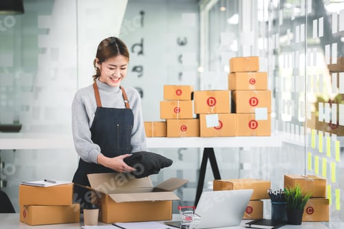 Preview: Portrait of a Startup, Small Business, SME Owner, Female Entrepreneur Packing in boxes, working on p
