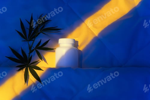Preview: Night bedroom, jar with capsules, CBD tablets, cannabis branch in moonlight
