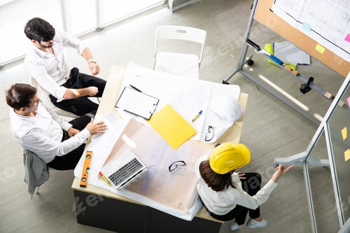 Preview: Three architects in the office and discussing design project on board.