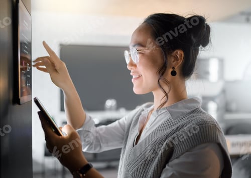 Preview: Smart home wall system, phone and woman with digital monitor for house automation, air conditioning
