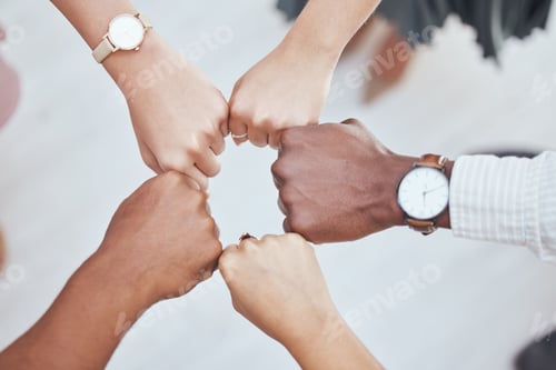 Preview: Fist in circle, corporate team building and diversity in business employee teamwork for support or