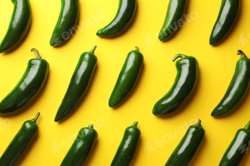 Preview: Green jalapeno peppers on yellow background, flat lay