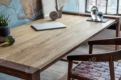 Preview: Stylish and modern composition of creative workspace interior with wooden table.