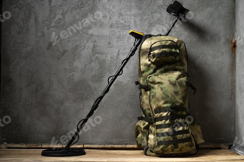 Preview: Metal detector and backpack on dark gray background