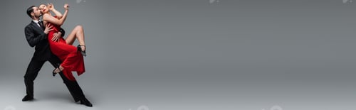 Preview: Professional dancers performing tango on grey background with copy space, banner