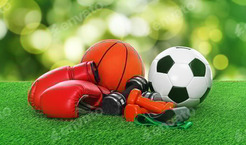 Preview: Different sports equipment on green grass. Banner design