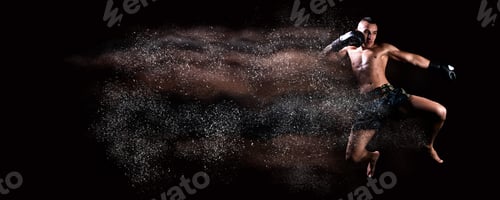 Preview: Thai Boxer In The Ring Hits With A Knee. The Concept Of Sports, Gyms, Boxing Clubs. Mixed Media