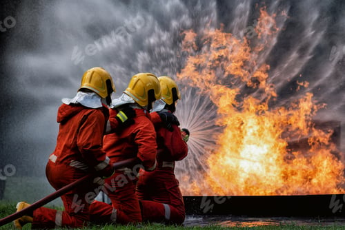 Preview: fire fighter team on training with gas and oil fire hold hose spray jet water spray to extinguish