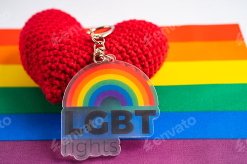 Preview: LGBT Rights with red heart on rainbow flag, symbol of LGBT pride month celebrate annual in June