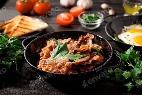 Preview: Tasty breakfast and delicious meat food concept - fried bacon