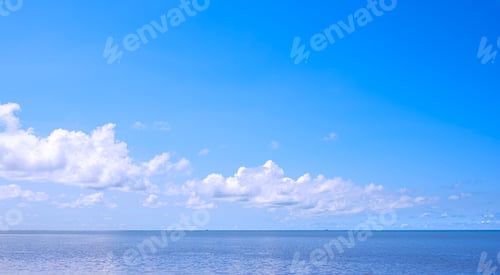Preview: Blue Sky Background with Clouds Over Sea, Idyllic Natural Horizon Summer Seascape View